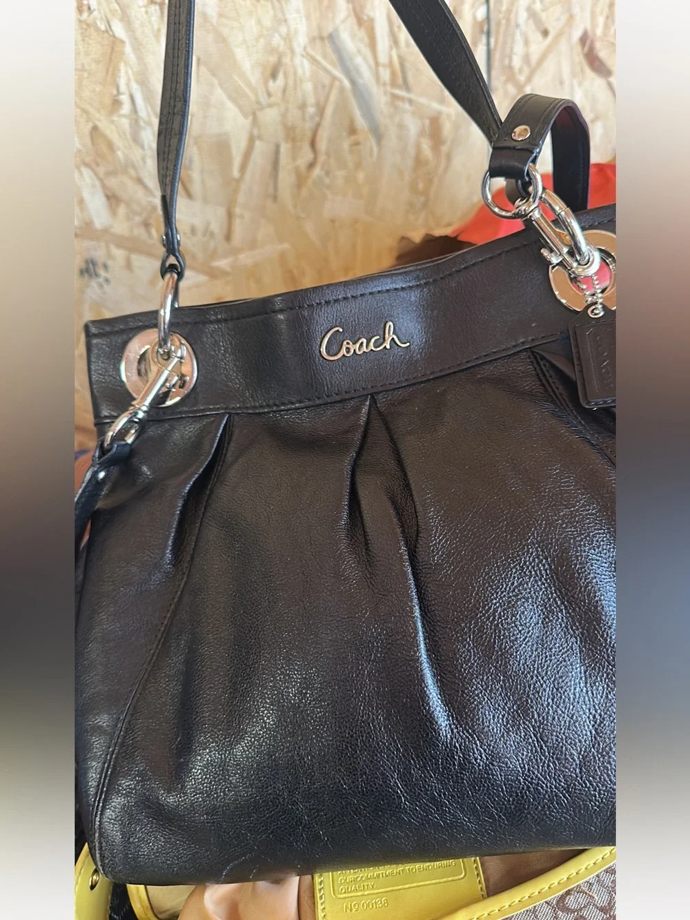 Coach Black Leather Pleated Shoulder Bag with Silver Hardware